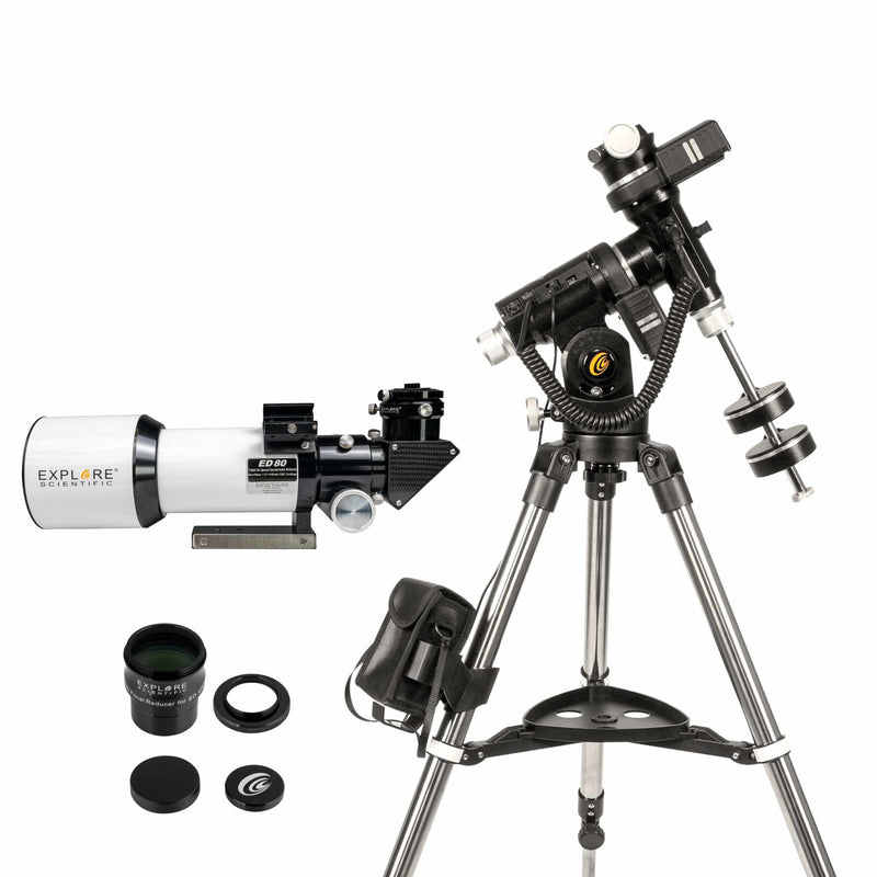 Explore Scientific ED80 Essential Series Air-Spaced Triplet Refractor Telescope with 0.8x Focal Reducer and iEXOS-100-2 PMC-Eight Equatorial Tracker System