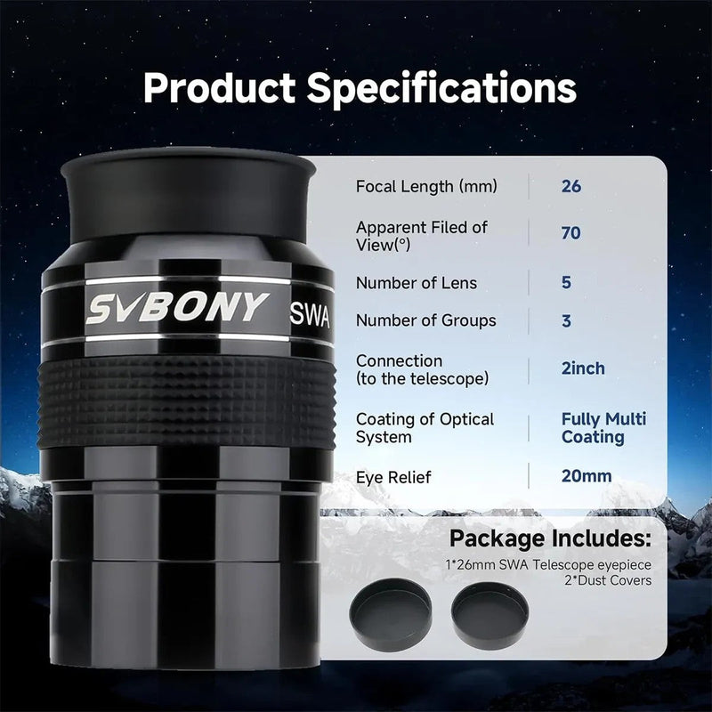 SVBONY SV154 26mm 70° SWA Super Wide Angle Eyepiece - 2"