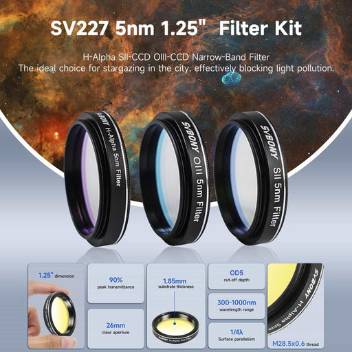 SVBONY SV227 SHO 5nm H-Alpha OIII SII Narrowband Filter Set - 1.25"