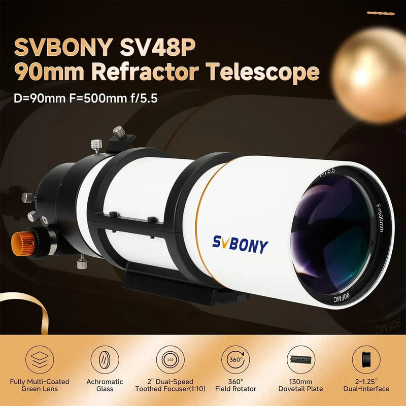 SVBONY SV48P 90mm f/5.5 Achromatic Refractor Telescope OTA