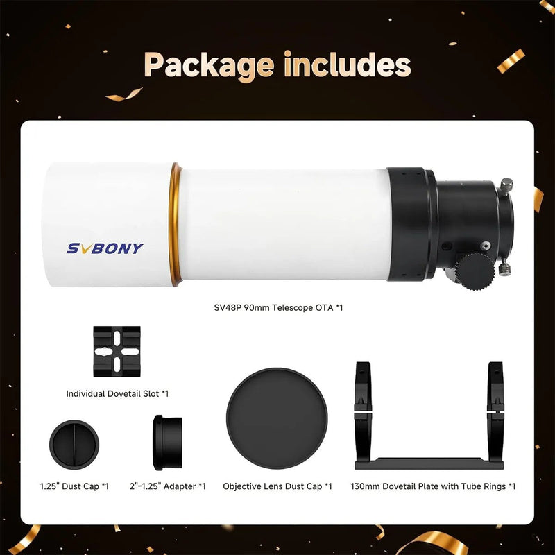 SVBONY SV48P 90mm f/5.5 Achromatic Refractor Telescope OTA